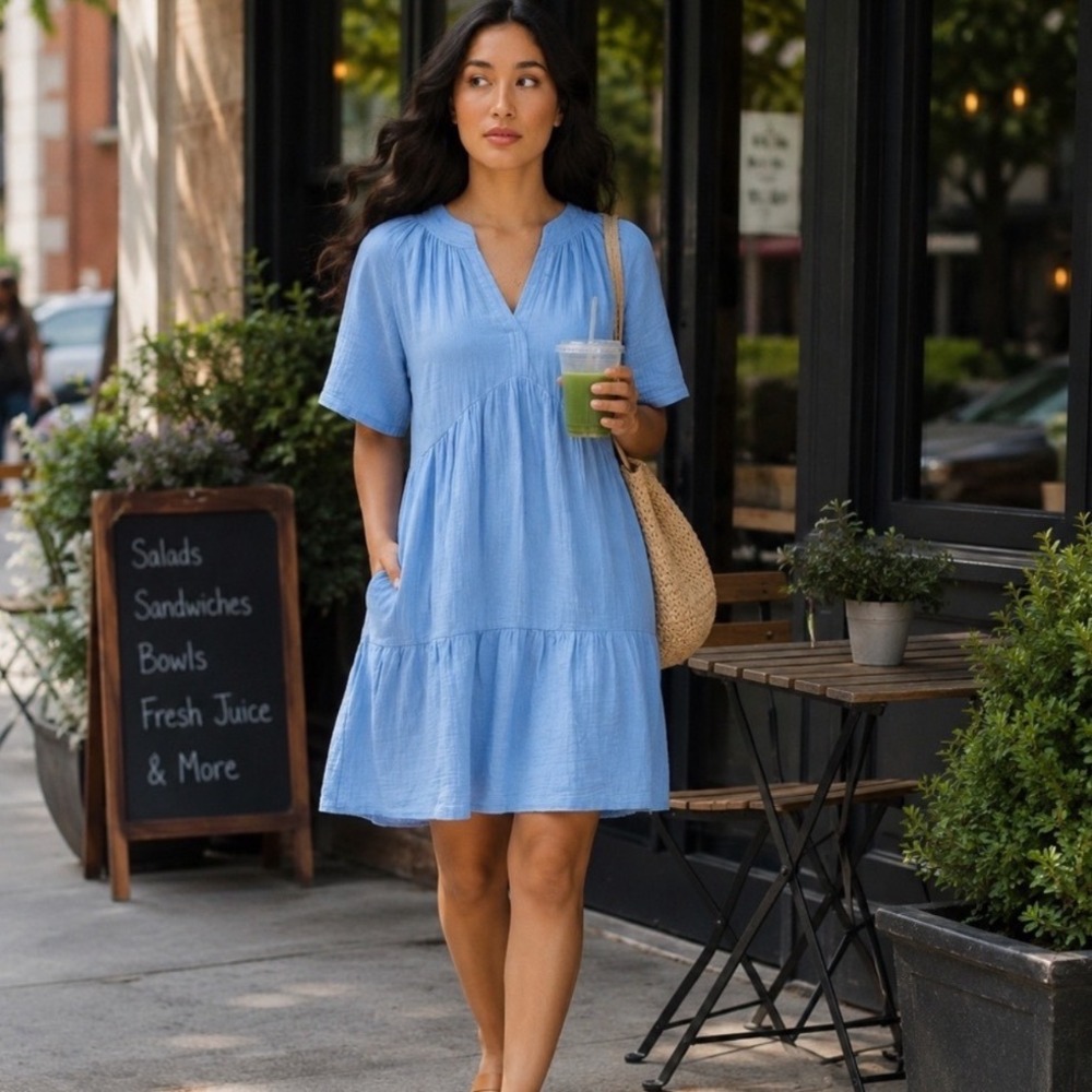 GAP Women Blue Crinkle Gauze Tiered V-Neck Mini Dress Short Sleeve Small